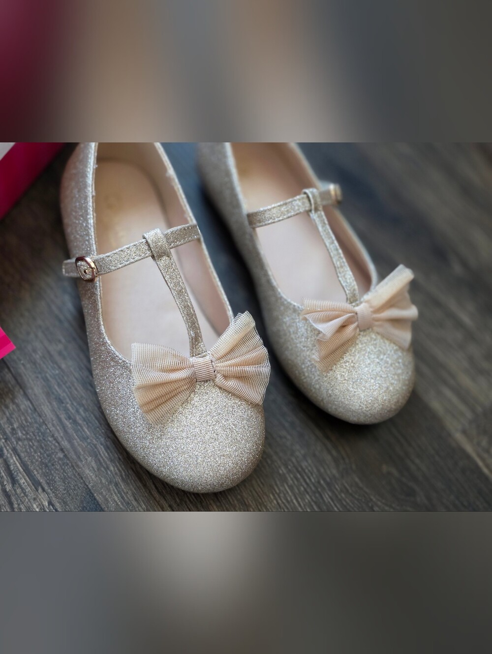 Cupcake Couture gold shimmer bow t-strap flats
